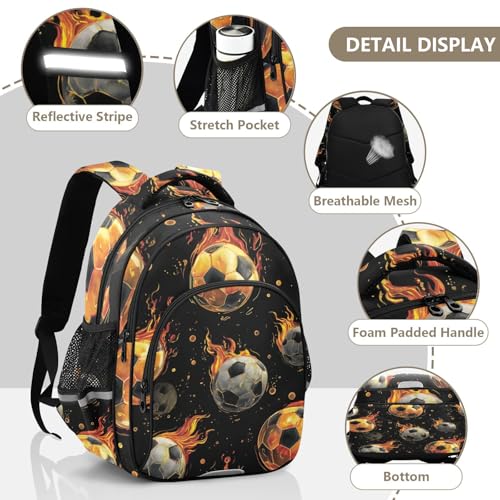 Watercolor Retro Fire Soccers Backpack for Kids Elementary School Bag Boys Girls Bookbag Travel Backpack Daypack - size: Medium