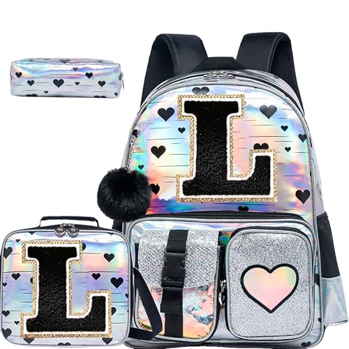 HTgroce Backpacks for Girls School Bag Kids Black Bookbag for Elementary Students Kids Backpack with Lunch Box and Pencil Case - color: Silver, style: L