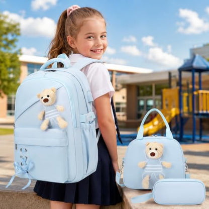 ACESAK School Backpack for Girls - 3 PCS Cute Girls Backpack with Lunch Box & Pencil Case - Kawaii Casual Kids Bookbag School Bag Daypacks Set for Elementary Middle High School Student Teens (Blue) - color: Blue