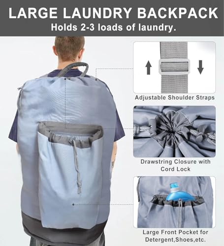 VividPaw Laundry Bag Extra Large Heavy Duty, Laundry Backpack for College students, Travel Laundry Bags with Adjustable Strap, Dirty Clothes Hamper, College Dorm Room Essentials (Grey) - color: Grey