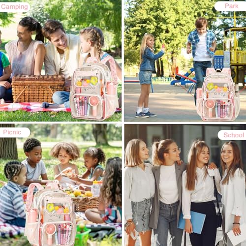 Bluboon Clear Backpack Heavy Duty Kids Boys Clear Bookbag See Through Backpacks with Pencil Case for College Work - color: Pink Bow 212-pink