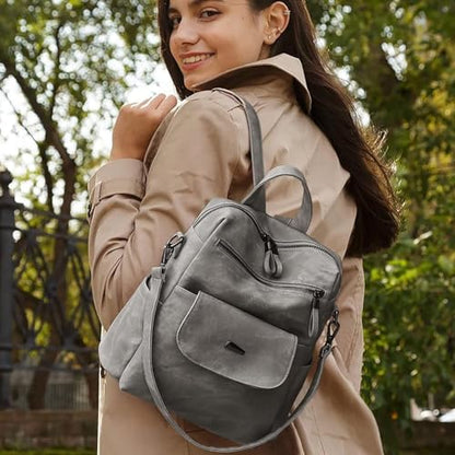 WYFJNX PU Leather Backpack Purse for Women Fashion Multipurpose Design Handbag Ladies Shoulder Bags Travel Backpack Grey - color: Grey