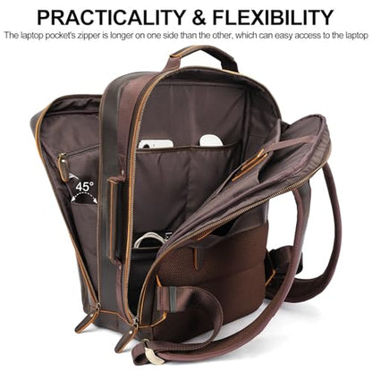 TIDING 17.3" Full Grain Leather Laptop Backpack for Men Multi Pockets Casual Daypack Business Travel Rucksack - color: Dark Brown
