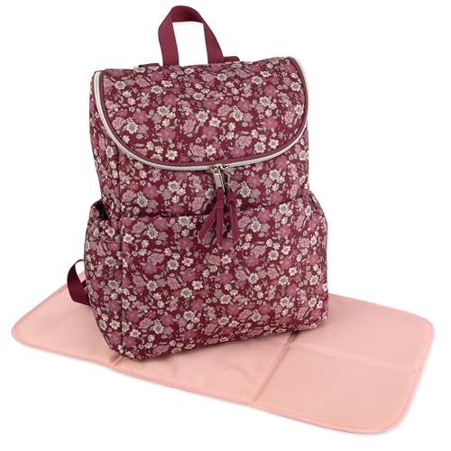 Multi-Function Floral Diaper Backpack and Travel Nappy Baby Bag with Changing Pad and Stroller Straps - color: Burgundy Floral