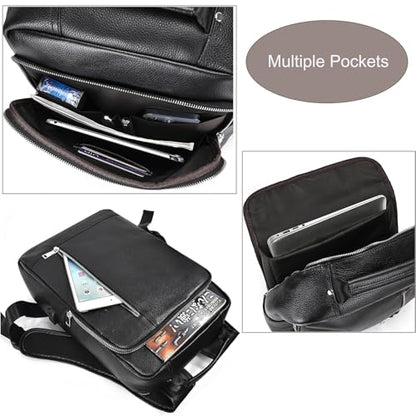 Genuine Leather Backpack Men Casual Daypack 15.6 Inch Laptop Rucksack Business Travel Outdoor Shoulder Bag with Trolley Sleeve (Black) - color: 8028-black