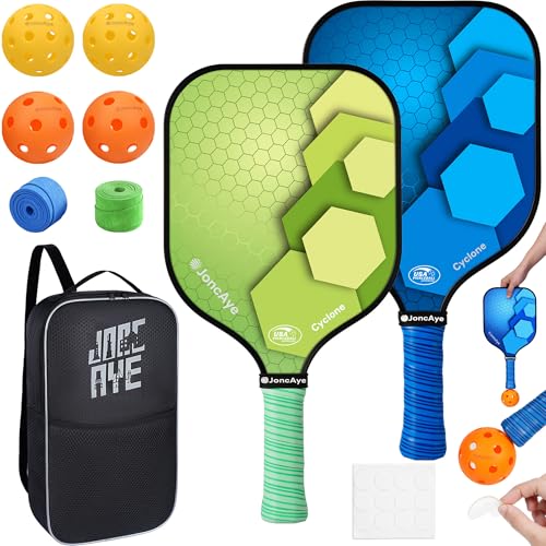 JoncAye Pickleball Paddles Set of 4 or 2, USAPA Approved Fiberglass Rackets with Outdoor Indoor Balls, Bag, Overgrip, Lightweight for Family, Professional Equipment for Beginners Intermediate - color: Green&Blue*2