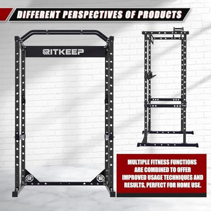 RitKeep RMAX 2250 Power Rack, 1200 lb Capacity Multi-Function Squat Rack and Weight Cage for Strength Training with Pull-Up Bar, Safety Bars, J-Hooks for Home Gym and Garage Gym - color: Black