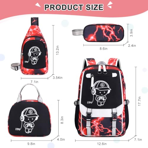 Bevalsa Backpack for Boys, Cool Luminous Boys Backpack with Sling Bag, Lunch Box & Pen Case, School Bags for Kids Children Teens Elementary Middle Schools, Bookbag Glow In The Dark (Red Lightning) - color: Red Lightning