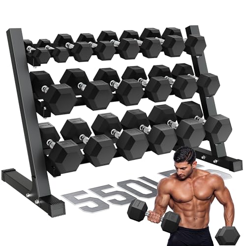 Dumbbell Sets with Rack, Rubber Hex Dumbbells, 160/220/280/360/450/550LBS, Hand Weights with Chrome Handle for Strength Training - color: 550lbs with Rack