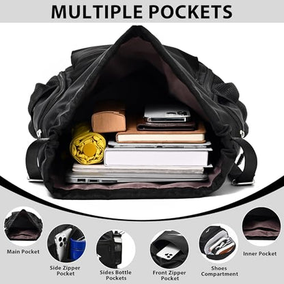 Sport Drawstring Backpack, Gym Bag with Mesh Side Pockets and Separate Shoe Compartment, Water-Resistant (Black) - color: Black
