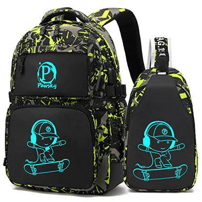 Kids Backpack for School, Boys Backpacks with USB Charging Port, College Elementary School Bookbag Lightweight Laptop Bag with Sling Bag, Green - style: Skateboard-green