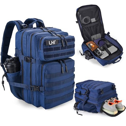 LHI Military Tactical Backpack for Men and Women 45L Army 3 Days Assault Pack Bag Large Rucksack with Shoe Compartment - Black and White - color: 1.21 Shoe Compartment（blue）