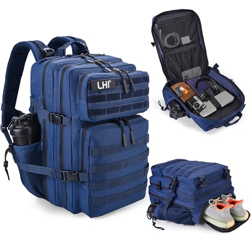 LHI Military Tactical Backpack for Men and Women 45L Army 3 Days Assault Pack Bag Large Rucksack with Shoe Compartment - Black and White - color: 1.21 Shoe Compartment（blue）
