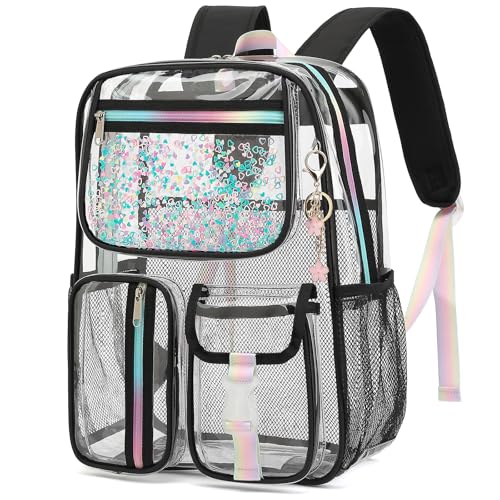 Clear Backpack for Girls Women, PVC Transparent School Backpacks See Through Bookbag for Stadium Sport Travel (Black) - color: Black