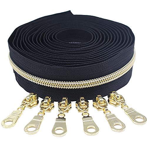 MebuZip #5 Gold Metallic Nylon Coil Zippers by The Yard Bulk Coil Zipper Roll 10 Yards with 25pcs Pulls for DIY Sewing Craft Bags (Black) - color: Gold Black