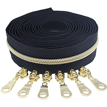 MebuZip #5 Gold Metallic Nylon Coil Zippers by The Yard Bulk Coil Zipper Roll 10 Yards with 25pcs Pulls for DIY Sewing Craft Bags (Black) - color: Gold Black