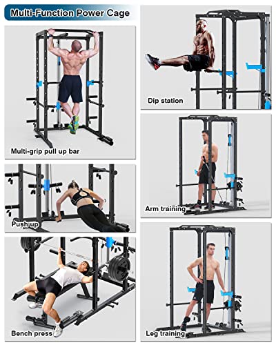 ULTRA FUEGO Power Cage, Multi-Functional Power Rack with J-Hooks, Dip Handles, Landmine Attachment and Optional Cable Pulley System for Home Gym - size: Power Cage with Pulley System and Flat Bench