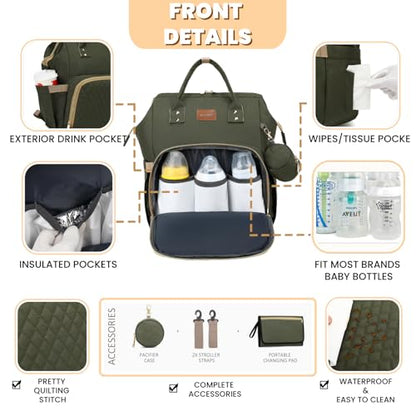 ROSEGIN Diaper Bag Backpack with Changing Pad, Pacifier Case, Baby Bag for Boy Girl Toddler - Large, Stylish, Waterproof Travel Quilted Diaper Bag for Mom - Baby Shower - Army Green - color: Army Green