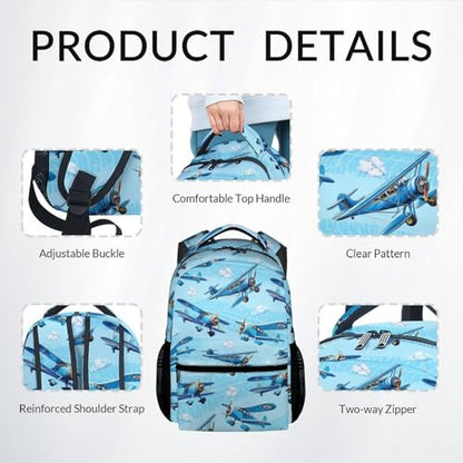 Kids Backpack with Lunch Bag and Pencil Case - 3Pcs Airplane Backpacks Set for Boys - Durable Toddler Bookbag for Kindergarten, Primary & Elementary (17 Inch) - color: Light Blue