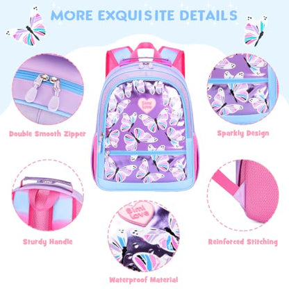 Kids Backpack for Girls 5-8, 4PCS Toddler Backpack with 13oz Kids Insulated Water Bottle, Lunch Box and Pencil Case, Girls Bookbag Schoolbag for Primary Kindergarten Elementary School - color: Purple Blue Butterfly