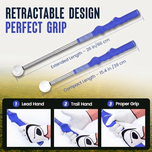 5-in-1 Golf Swing Trainer for Right-Handed Golfers with Click Feedback, Retractable Training Aid, Grip Trainer & Arm Band, Improve Tempo & Swing Path, Indoor Outdoor Practice - color: Blue
