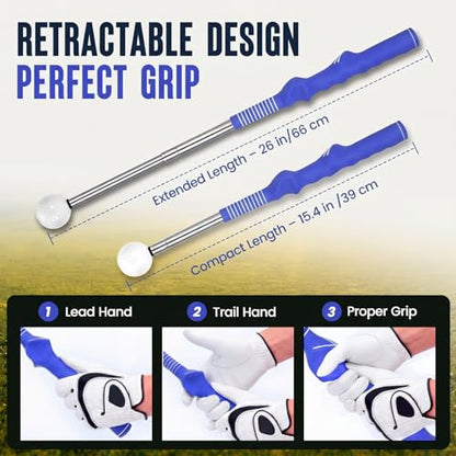 5-in-1 Golf Swing Trainer for Right-Handed Golfers with Click Feedback, Retractable Training Aid, Grip Trainer & Arm Band, Improve Tempo & Swing Path, Indoor Outdoor Practice - color: Blue
