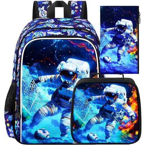 HPJGD 3PCS Boys Astronaut Bookbag, Water Resistant Kids School Bag Set with Lunch Box, Cool Backpack for Elementary Preschool Toddler - Soccer Astronaut - color: Cool Uv Printed Astronaut Soccer Blue
