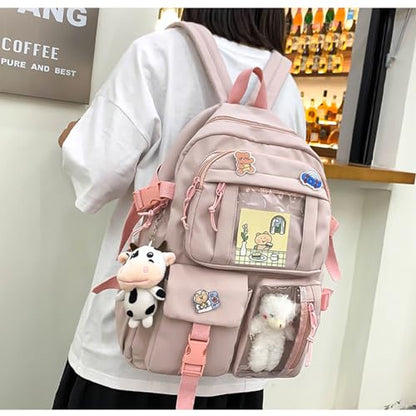 Kawaii Backpack with Cute Bear Plush Kawaii Pin Accessories Large Capacity Aesthetic School Bags Cute Bookbag for Girls Teen Pink - color: Pink