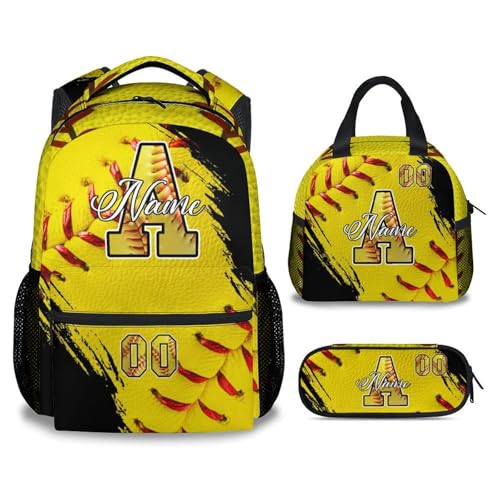 Mercuryelf Personalized Softball Backpack Set for Girls - Custom Kids Monogram School Bookbag for Players/Travel with Lunch Box - color: Yellow