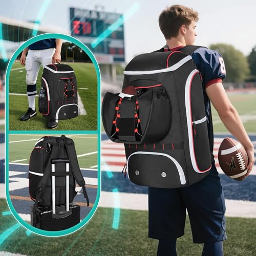 Smasrob Football Bag for Equipment with External Ball Holder, Insulated Pocket and Fence Hooks, Football Backpack for Youth and Adult - color: Black