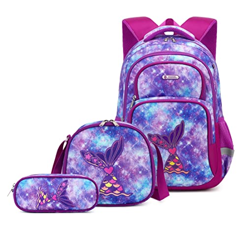 3Pcs Boys Dinosaur Backpack Set with Lunch Box Pencil Case, School Book Bag for Kids Elementary Preschool 1 - color: Mermaid Purple