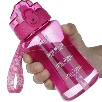 OLDLEY 12oz Kids Water Bottle, Tritan BPA-Free, Leakproof Flip Straw Lid, Motivational Time Marker, Carry Strap, Reusable Clear Water Bottle for Boys & Girls,Eggplant - color: Eggplant, style: 12 Ounces