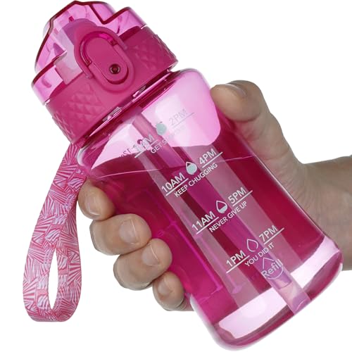 OLDLEY 12oz Kids Water Bottle, Tritan BPA-Free, Leakproof Flip Straw Lid, Motivational Time Marker, Carry Strap, Reusable Clear Water Bottle for Boys & Girls,Eggplant - color: Eggplant, style: 12 Ounces