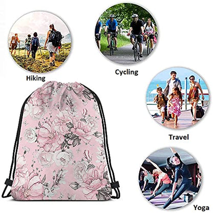Pink Floral Print Polyester Drawstring Backpack, Unisex, 14x16.9 Inch, Modern Style, Soft Shell, Rectangular Shape, Shoulder Strap, Waterproof, Perfect for Travel, Work, School, Gym - color: Multi-a94