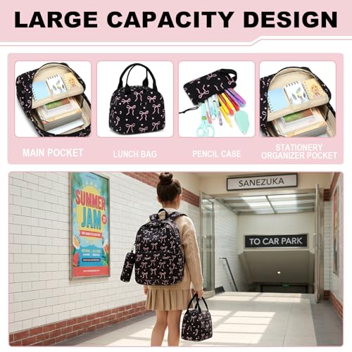 LEDAOU Kids Backpack for Girls Backpacks with Lunch Box, Lightweight Bookbag Set Elementary Middle School Back pack for 8-14 - color: A-bow Tie Black