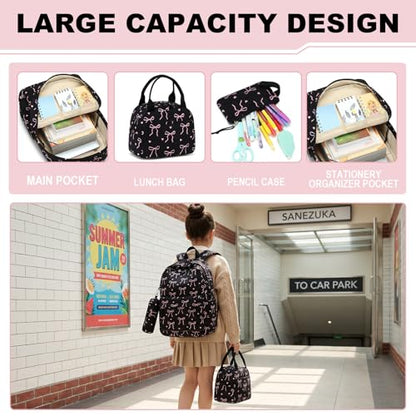 LEDAOU Kids Backpack for Girls Backpacks with Lunch Box, Lightweight Bookbag Set Elementary Middle School Back pack for 8-14 - color: A-bow Tie Black