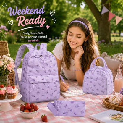LEDAOU Kids Backpack for Girls Backpacks with Lunch Box, Lightweight Bookbag Set Elementary Middle School Back pack for 8-14 - color: Small Flower Bow - Purple