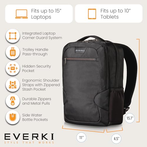 EVERKI Studio 14L Slim Laptop Backpack – Lightweight Business Travel Backpack for Men & Women with Padded Laptop Compartment, Corner Protection, Professional Backpack, Fits Laptops up to 15" – Black - size: 14 Liters