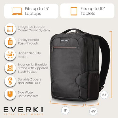 EVERKI Studio 14L Slim Laptop Backpack – Lightweight Business Travel Backpack for Men & Women with Padded Laptop Compartment, Corner Protection, Professional Backpack, Fits Laptops up to 15" – Black - size: 14 Liters