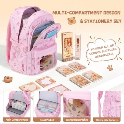 Capybara Theme Backpack for School Girls, 35PCS Kids Backpack Set with School Supplies Stationery Kit Lunch Box Pencil Case, Cute Girls Bookbag for Kindergarten Elementary Student - color: Pink