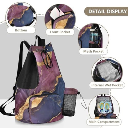Drawstring Gym Bags For Men Women Climbing Gym Bag With Pockets Cinch Bags Waterproof Marble Burgundy Navy Blue - color: Color 25