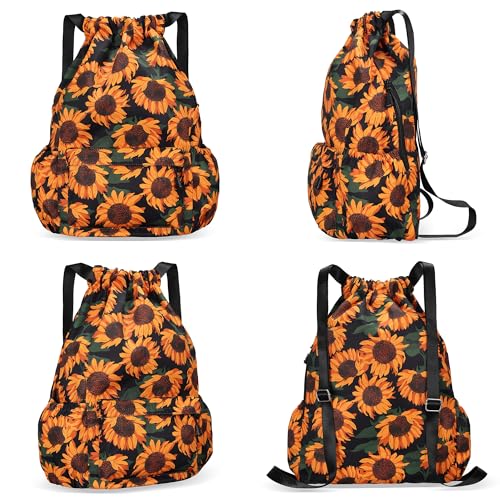Drawstring Backpack for Women Drawstring Gym Bag Water Resistant Small Cinch Sack Pull String Backpack Bag (Sunflower) - color: Sunflower