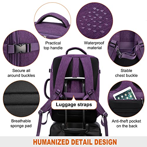 LOVEVOOK Carry on Backpack, 45L Large Travel Backpack for Women Airline Approved, Expandable Large Suitcase Backpacks With 4 Packing Cubes, Aer Travel Pack 3, Water Resistant Weekender Bag - color: Purple, size: X-Large