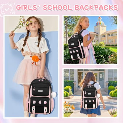 Girls Backpack, Kids Backpack for Girls with Anti-theft Back Pocket, Lightweight School Back pack, Watrer Resistant, Bookbag for Elementary Primary School, Black Pink - color: Black Pink