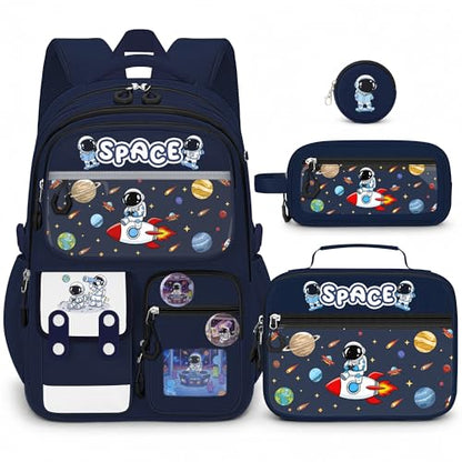 Space Backpack for Boys, 4 PCS Boys Backpack with Lunch Box Set, Spaceman Large Laptop Bookbag, School Bag for Elementary Kids & Teens - color: Space
