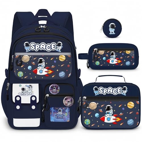 Space Backpack for Boys, 4 PCS Boys Backpack with Lunch Box Set, Spaceman Large Laptop Bookbag, School Bag for Elementary Kids & Teens - color: Space