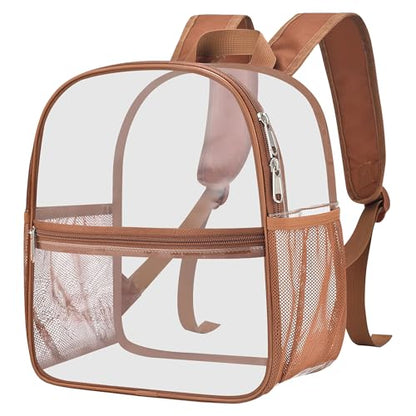 Oraben Clear Backpack Stadium Approved, 12 x 6 x 11 in, Small Transparent Backpack for Concerts, Sports Events, Festivals, Travel, Waterproof PVC, Adjustable Straps, Women Men - color: Coffee Brown, style: Enhanced Strap