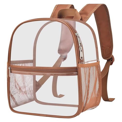 Oraben Clear Backpack Stadium Approved, 12 x 6 x 11 in, Small Transparent Backpack for Concerts, Sports Events, Festivals, Travel, Waterproof PVC, Adjustable Straps, Women Men - color: Coffee Brown, style: Enhanced Strap