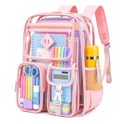 PIG PIG GIRL Clear Backpack for School,Heavy Duty PVC Transparent Bookbag for Girls Stadium Approved See Through Backpack - color: 3-pink