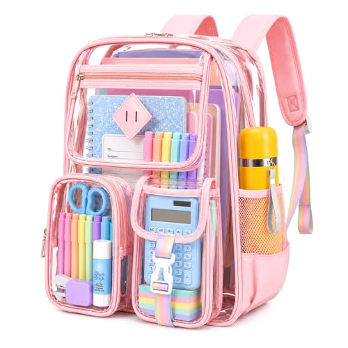 PIG PIG GIRL Clear Backpack for School,Heavy Duty PVC Transparent Bookbag for Girls Stadium Approved See Through Backpack - color: 3-pink